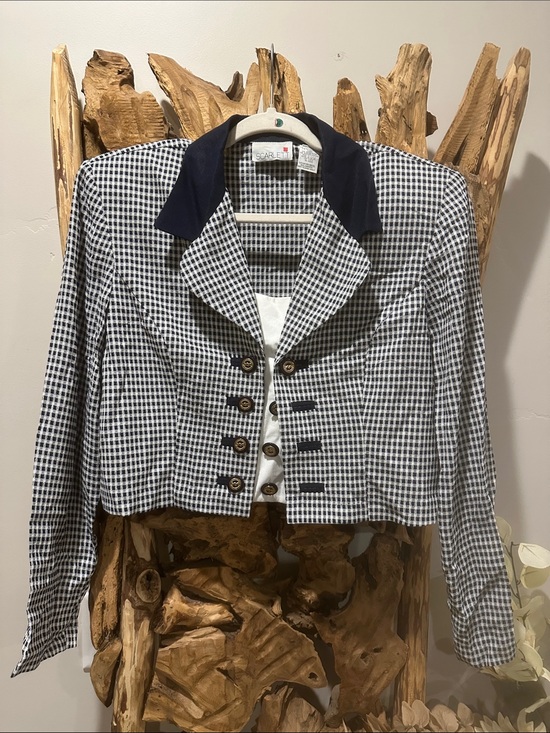 Scarlett Jackets & Blazers - Scarlett Navy & White Gingham Cropped Blazer with Navy Collar